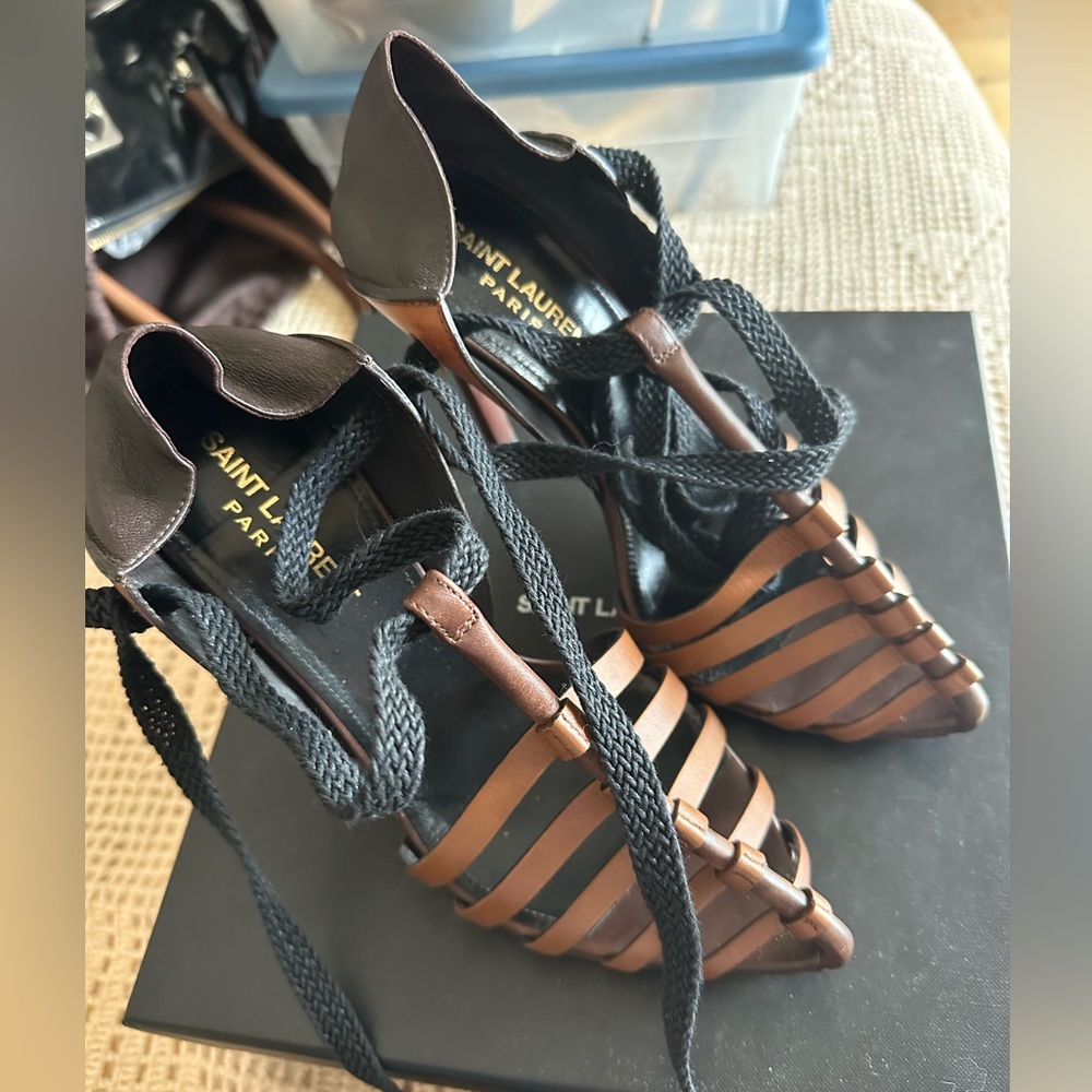 Saint Laurent Majorelle Convertible Brown Leather Lace Up Sandals Size 38 US 7.5